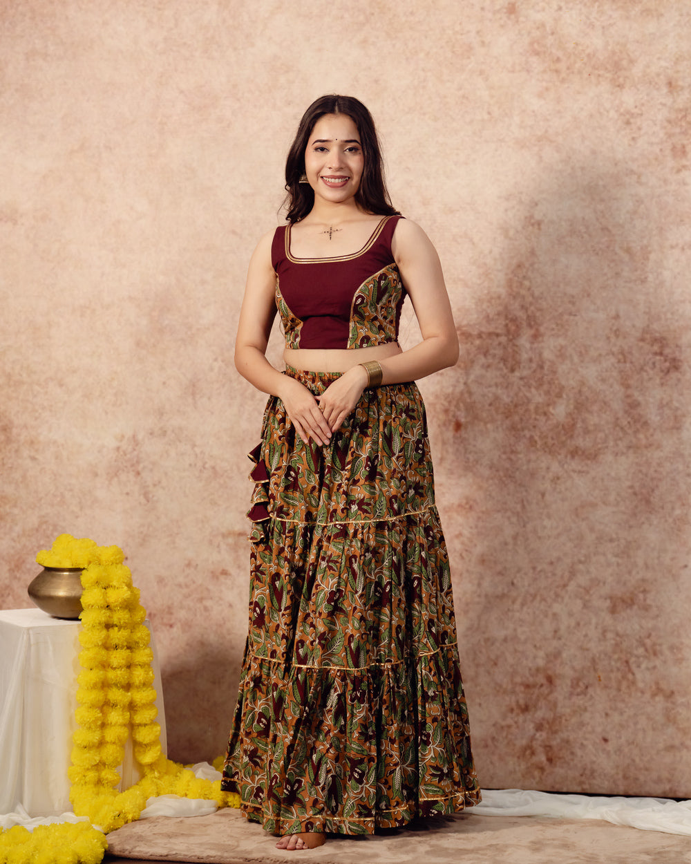 Maroon Mustered Yellow Block Print Tier Lehenga Set