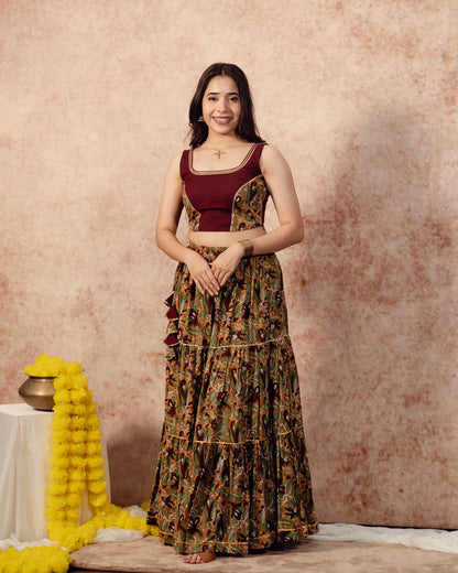 Maroon Mustered Yellow Block Print Tier Lehenga Set