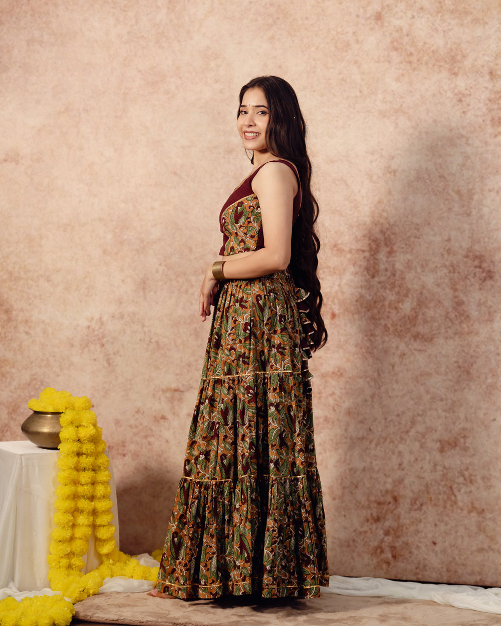Maroon Mustered Yellow Block Print Tier Lehenga Set