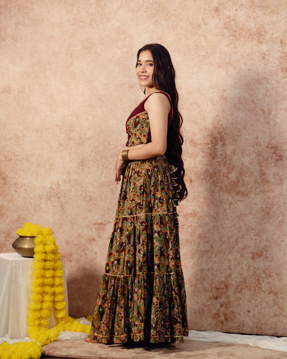 Maroon Mustered Yellow Block Print Tier Lehenga Set