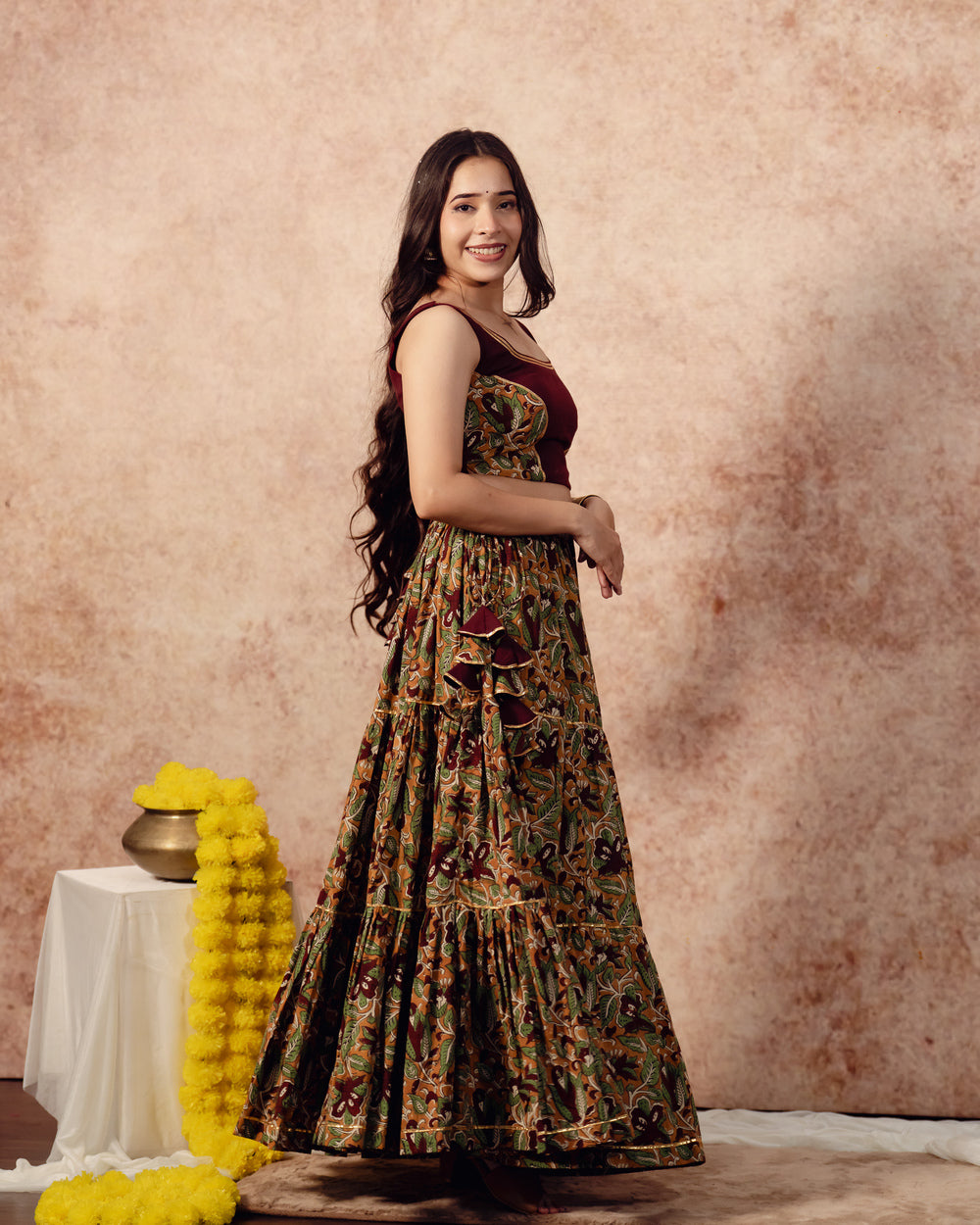 Maroon Mustered Yellow Block Print Tier Lehenga Set