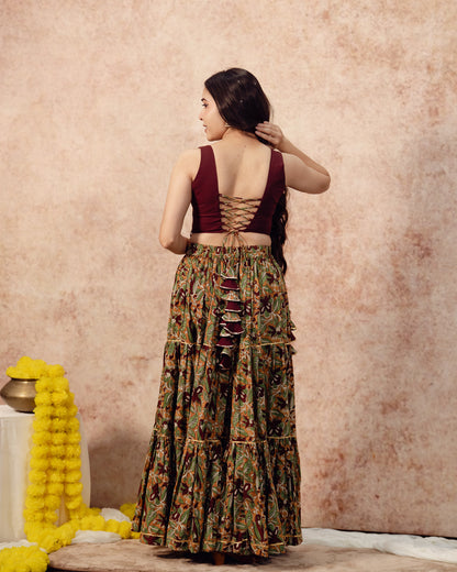 Maroon Mustered Yellow Block Print Tier Lehenga Set