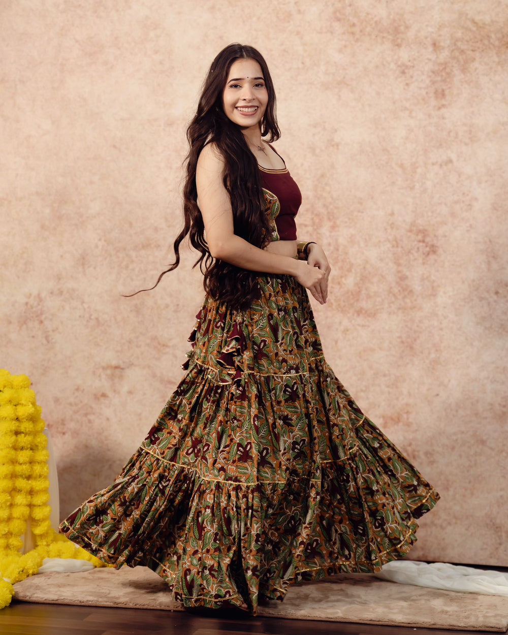 Maroon Mustered Yellow Block Print Tier Lehenga Set