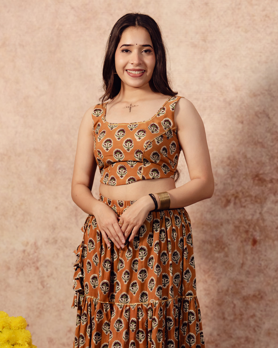 Mustered Yellow block print  Tier Lehenga Set
