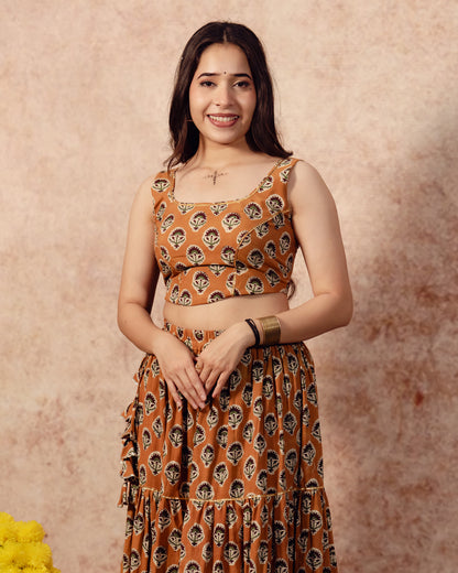 Mustered Yellow block print  Tier Lehenga Set