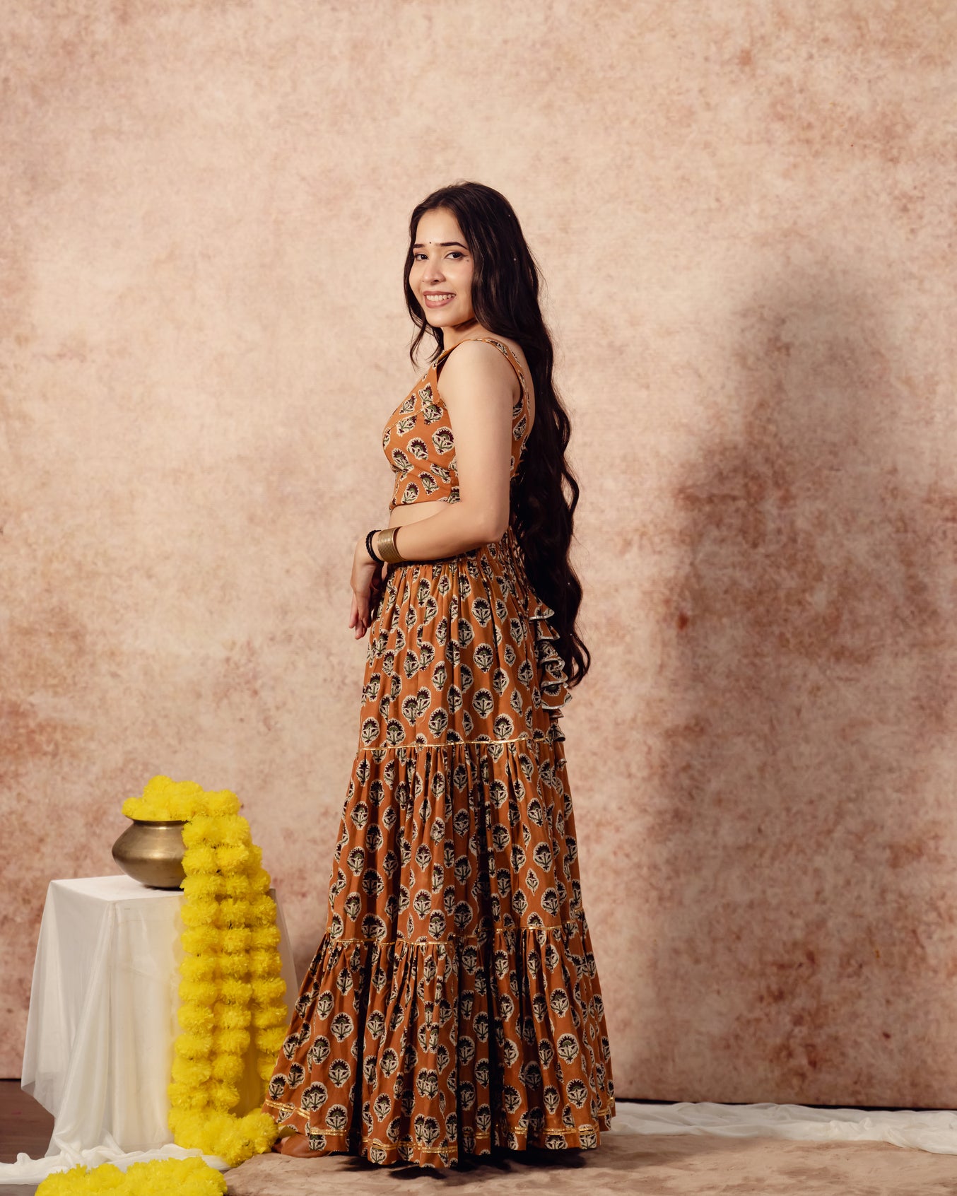 Mustered Yellow block print  Tier Lehenga Set