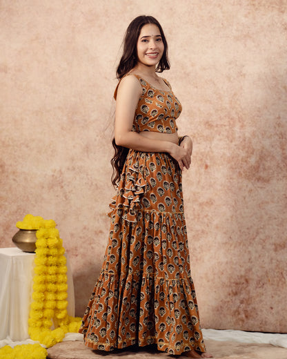 Mustered Yellow block print  Tier Lehenga Set