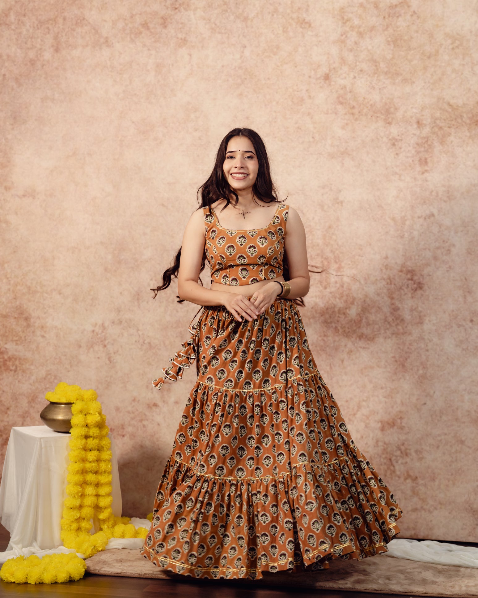Mustered Yellow block print  Tier Lehenga Set
