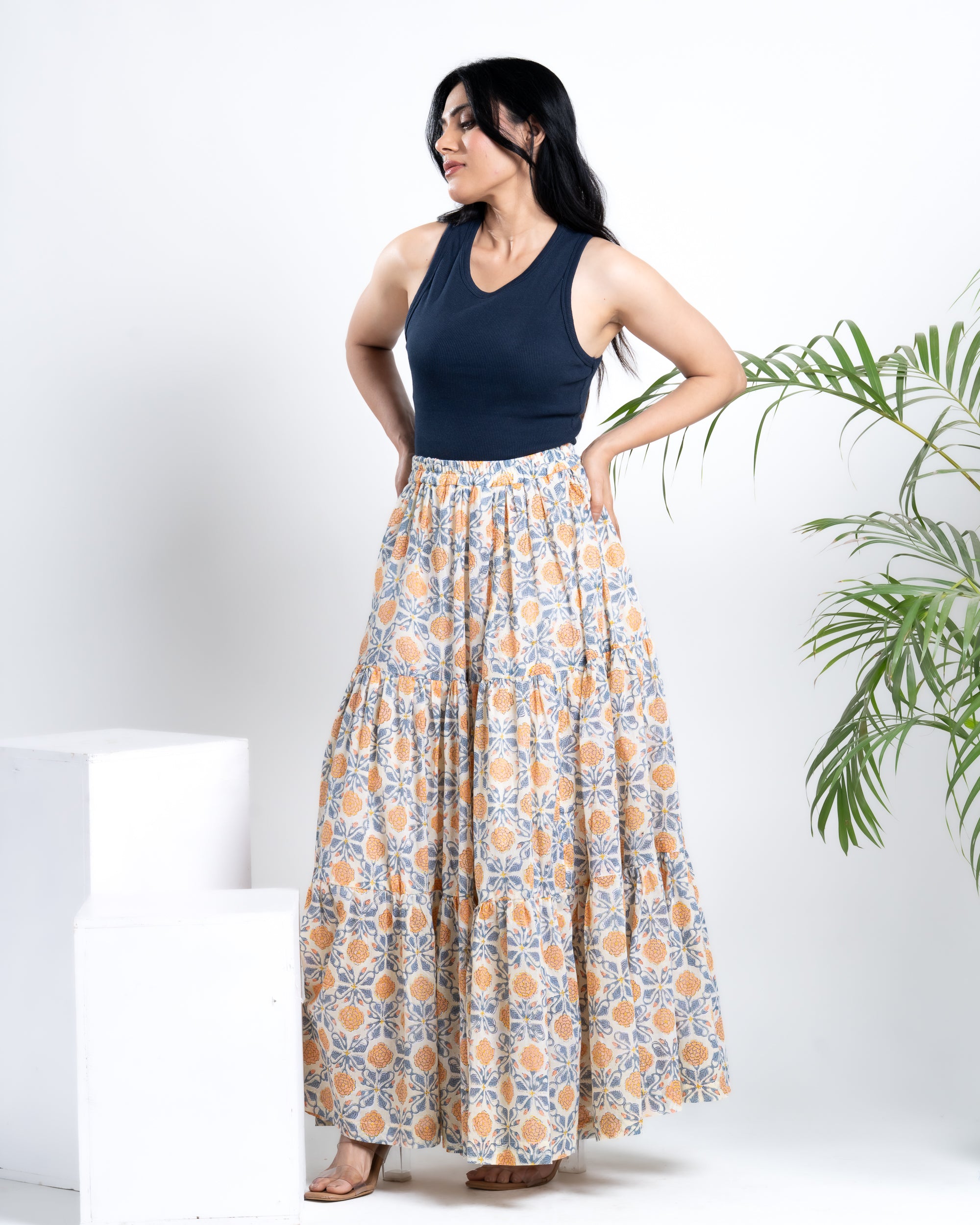 Shop Now: Lemon Yellow Hand Block Maxi Skirt